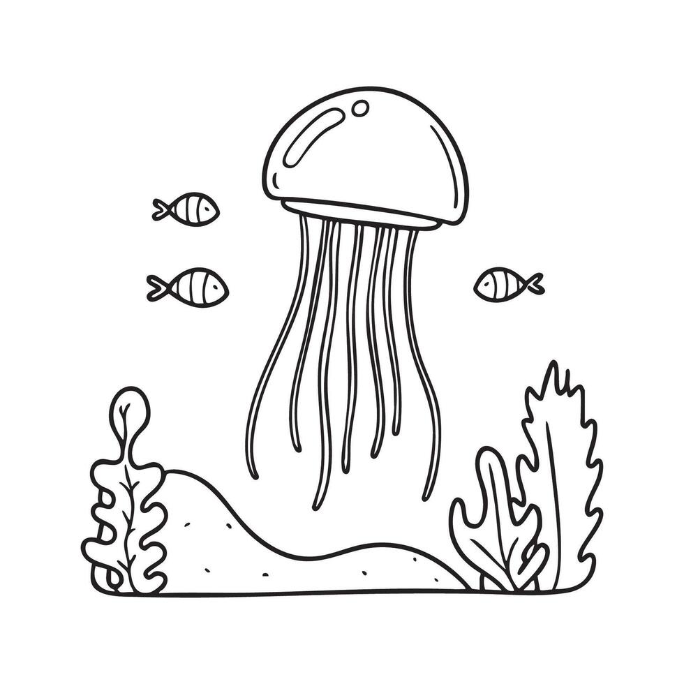 A jellyfish drifting near a coral reef, with small fish swimming around it. vector