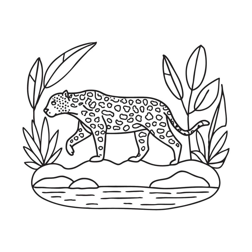 A jaguar stealthily moving through dense jungle foliage near river vector