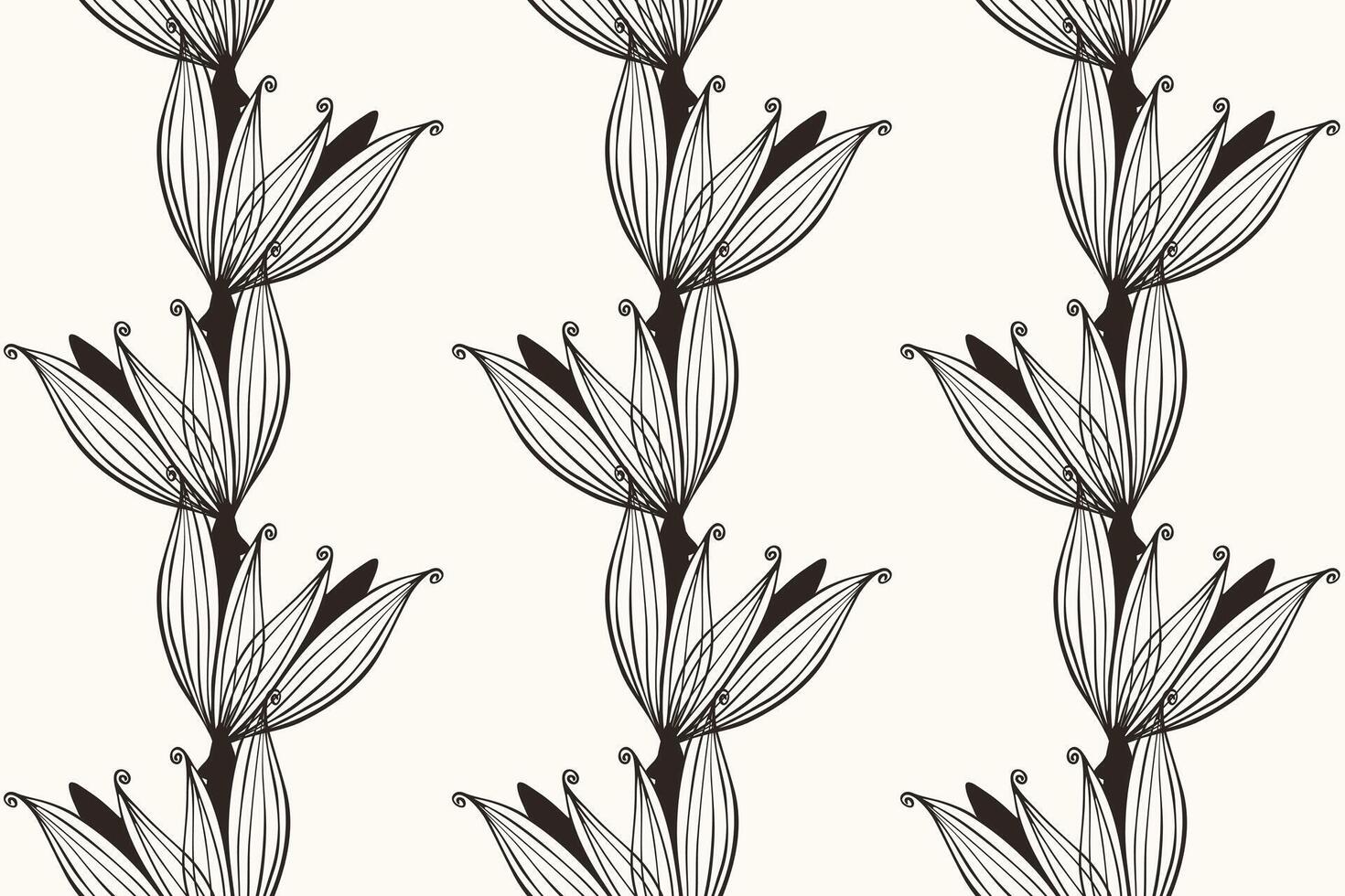 Hand drawn contour lily flowers, seamless pattern on beige background. Vertical ornament. For textiles, backdrops, packaging, wallpaper. vector