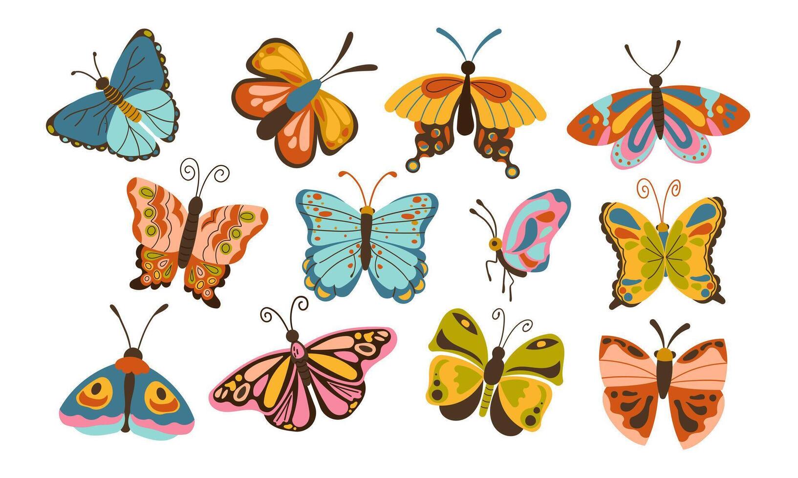 Abstract spring colorful butterfly set , flat butterfly , isolated spring insect, nature elements, beautiful multicolor drawing butterfly, illustration , hand drawn . vector