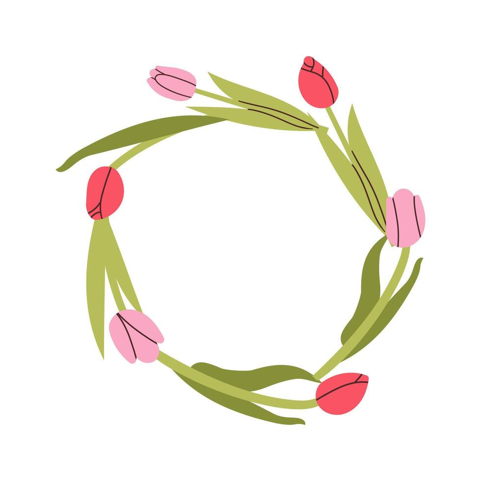 Wreath with flowers, spring composition in flat hand drawn style. circle frame for your text on white background. Mother's day greeting card with beautiful blossom flowers vector