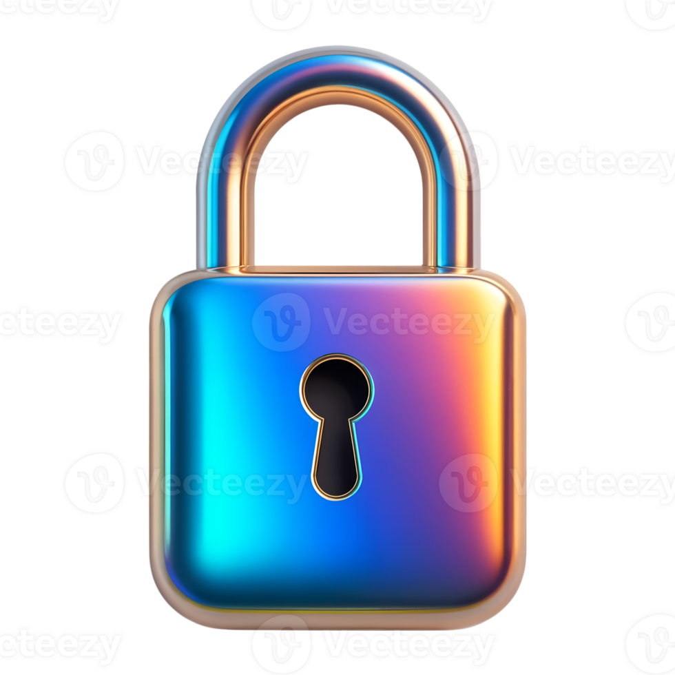 Iridescent Gold and Silver 3D Lock Icon on Transparent Background png