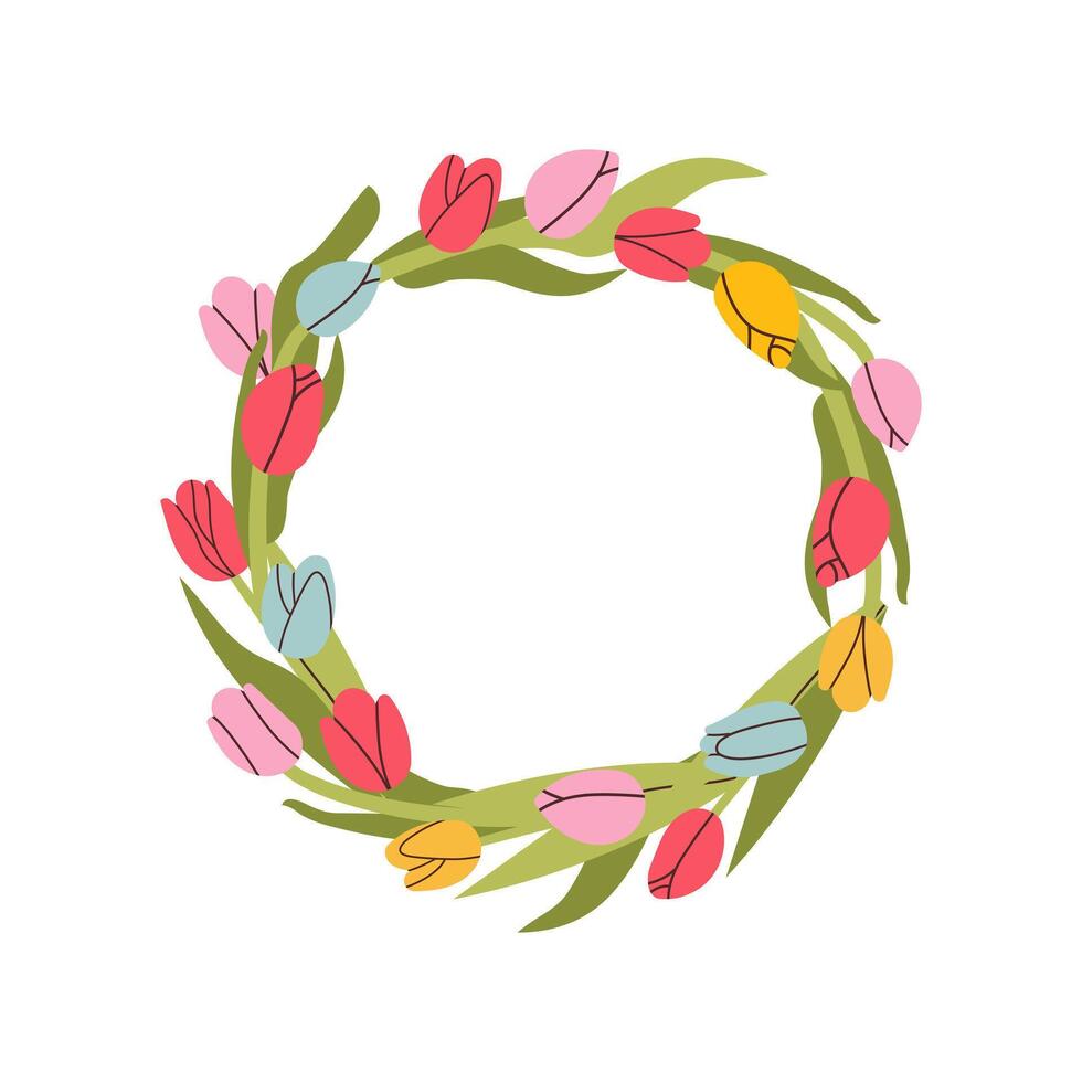 Tulips Cute wreath with flowers, leaves and branches in flat hand drawn style. circle frame for your text on white background. Mother's day greeting card with beautiful blossom flowers vector