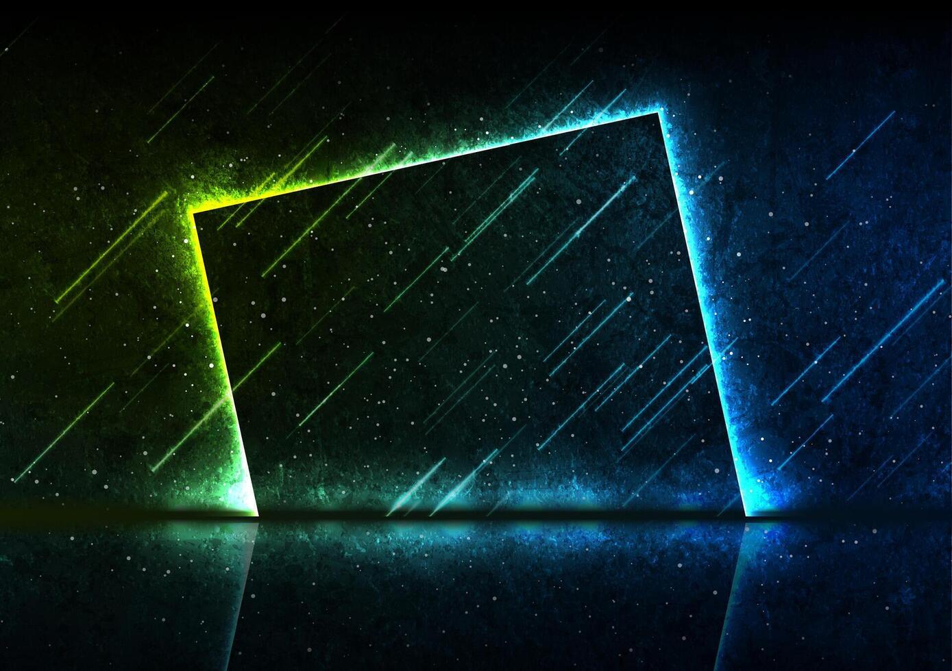 Blue green neon laser square frame technology grunge background vector