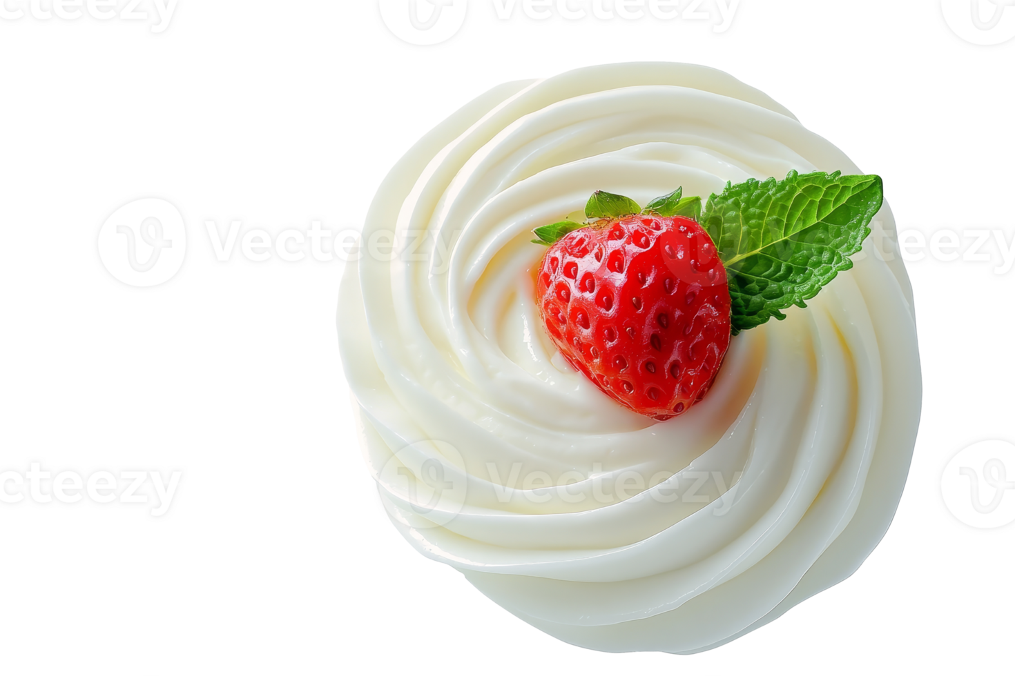 Whipped cream swirls topped with a fresh strawberry and mint leaf png