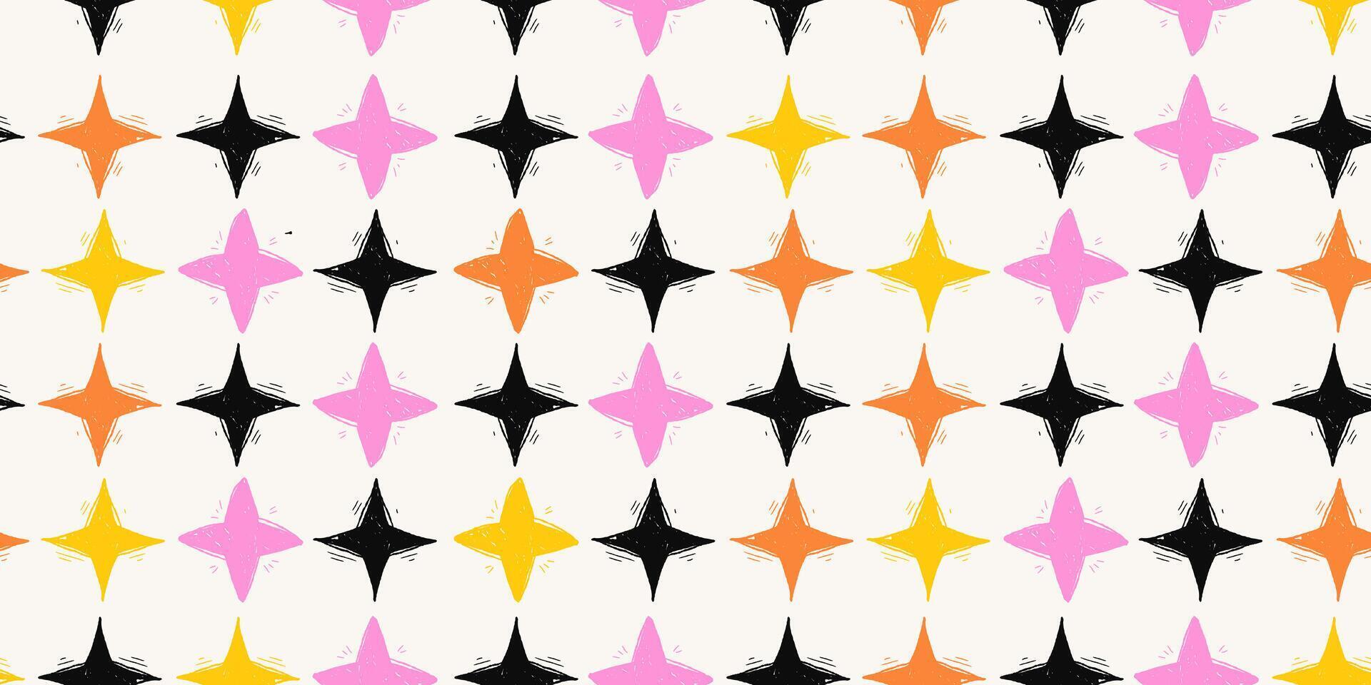 Colorful Seamless Pattern with Cute Grunge Stars. Retro geometric wallpaper. Pencil naive cartoon drawings with hand drawn texture, modern background with freehand design vector