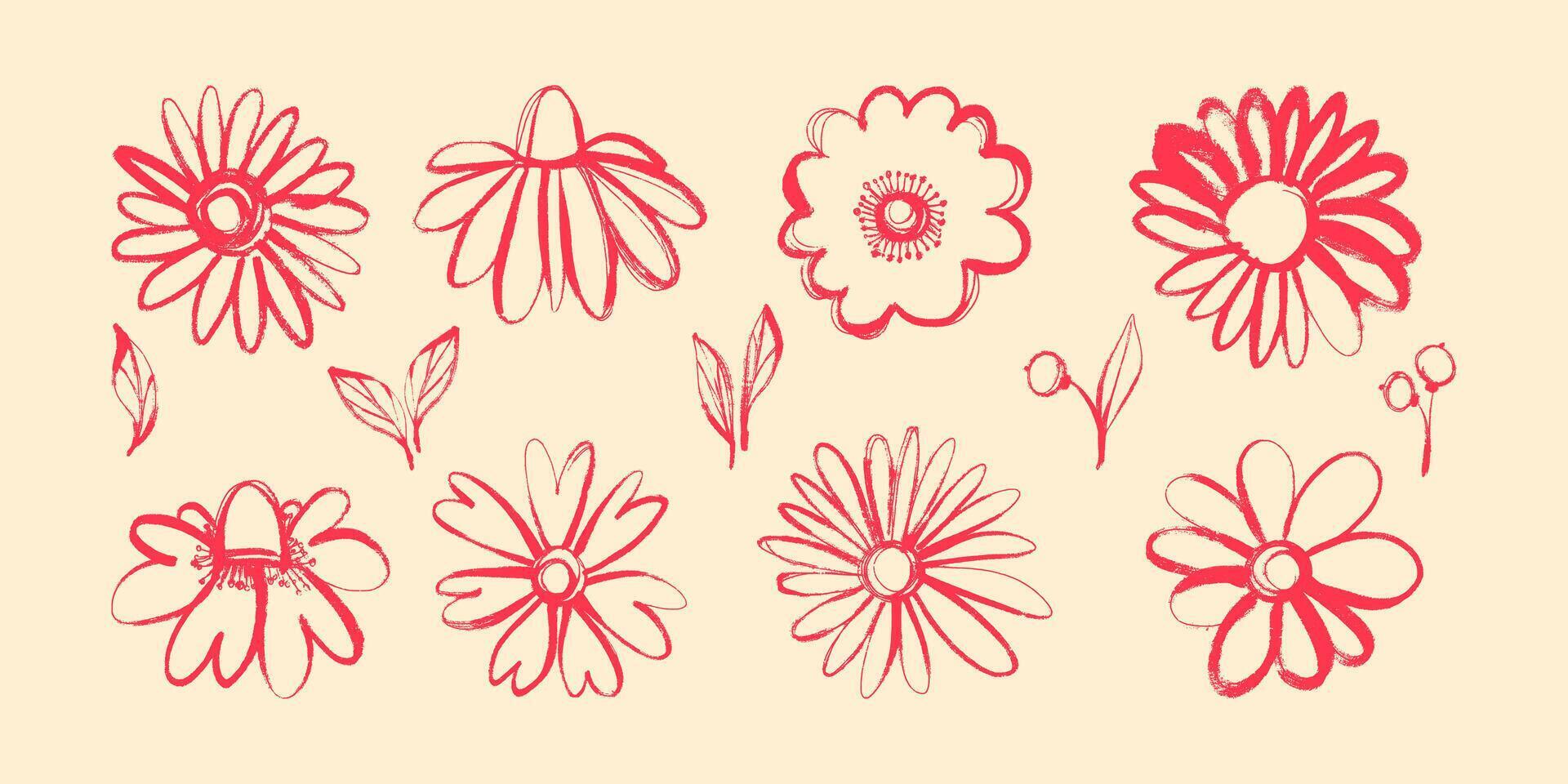 Flower Heads with Leaves and Branches. Modern grunge silhouettes and bulky ink herbs. Hand painted plants isolated on cream background vector