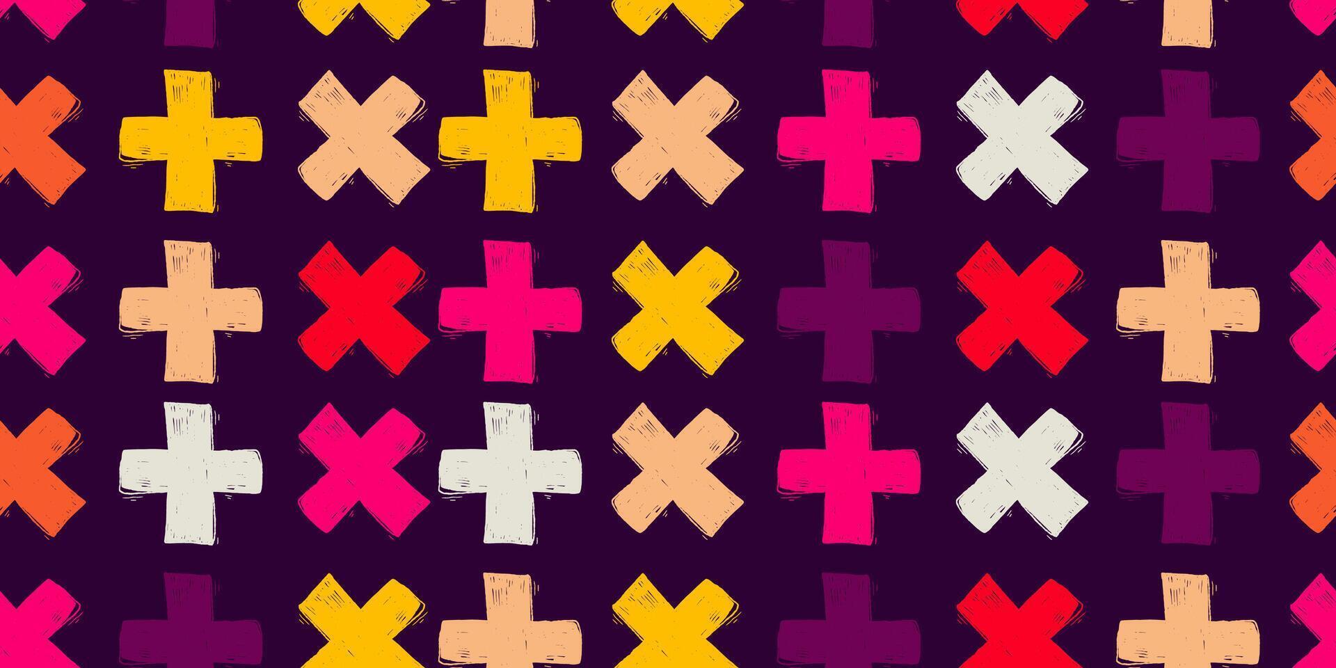 Seamless Pattern with Vibrant Grunge Plus Symbols. Retro geometric wallpaper. Pencil naive cartoon drawings with hand drawn texture, modern background with freehand design. vector