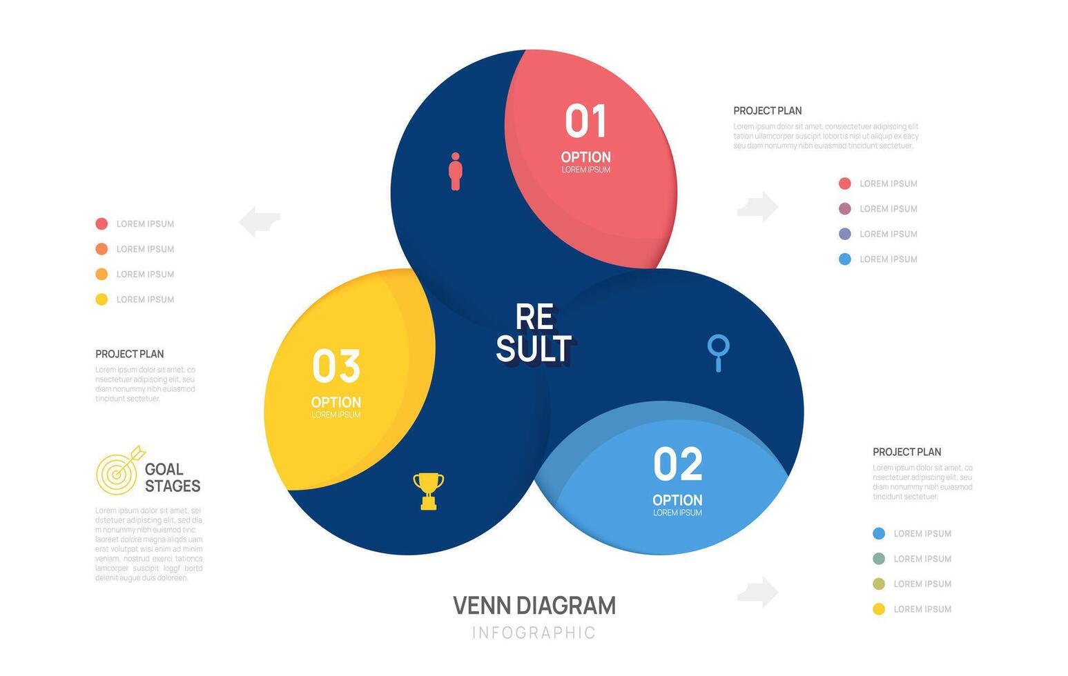 Venn diagram infographic 3 circle chart template for business start up presentation with venn diagram elements illustration. vector