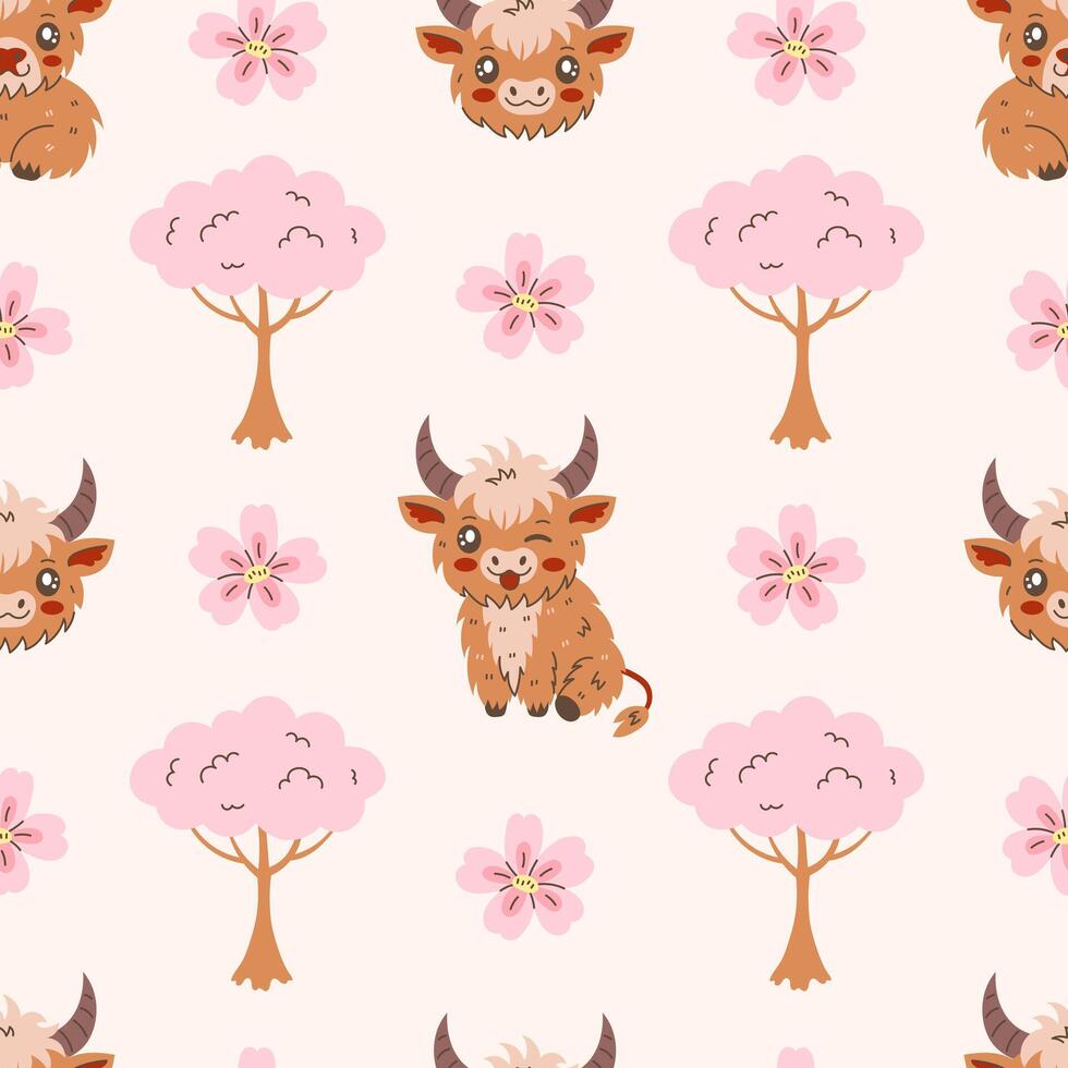 Highland Cow and Cherry Blossom Seamless Pattern vector