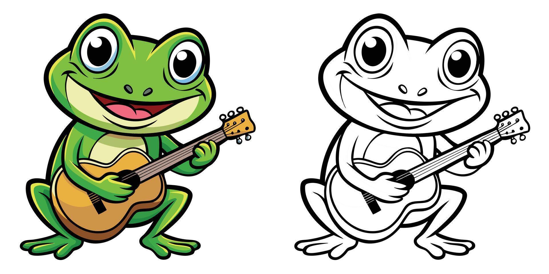 Cute Frog Coloring Page For Kids. Frog Coloring Printable. Cute Frog Plays Guitar Cartoon Illustration Design On White Background vector