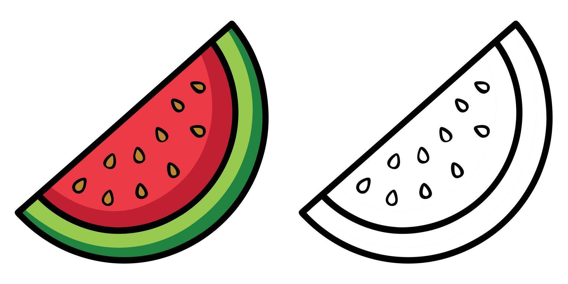 Half Watermelon Coloring Pages For Kids. Watermelon Coloring Book Printable. Watermelon Icon. Red Half Watermelon Illustration Design On White Background vector