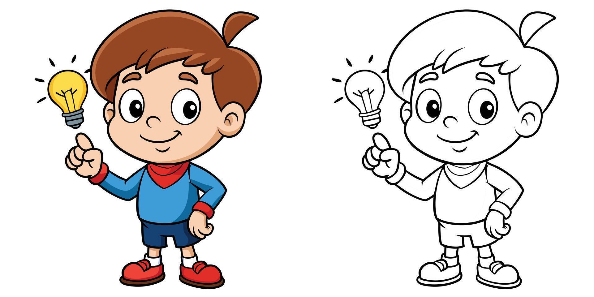 Cute Boy Thinking Coloring Pages For Kids. Child Cartoon Coloring Book Printable. Cute Boy Thinking Cartoon Illustration Design On White Background vector