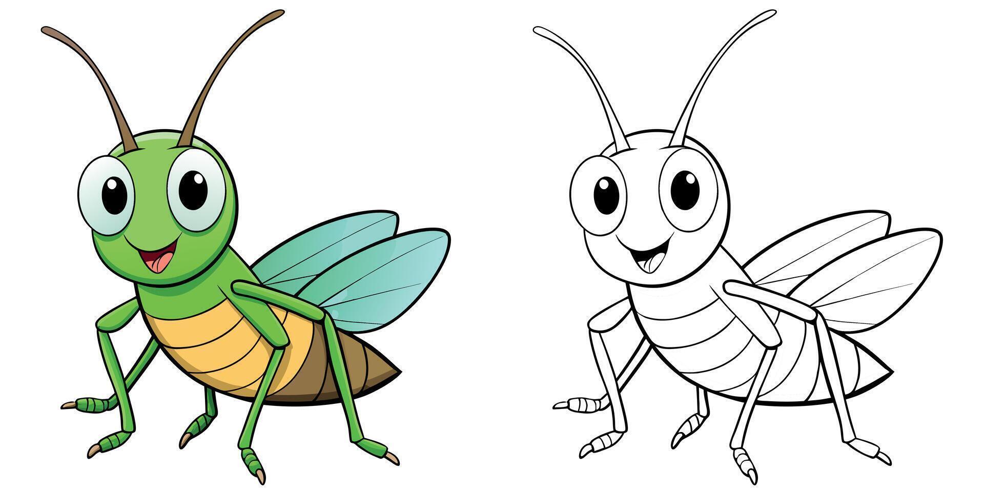Cute Cricket Insect Smile Cartoon Coloring Page For Kids vector