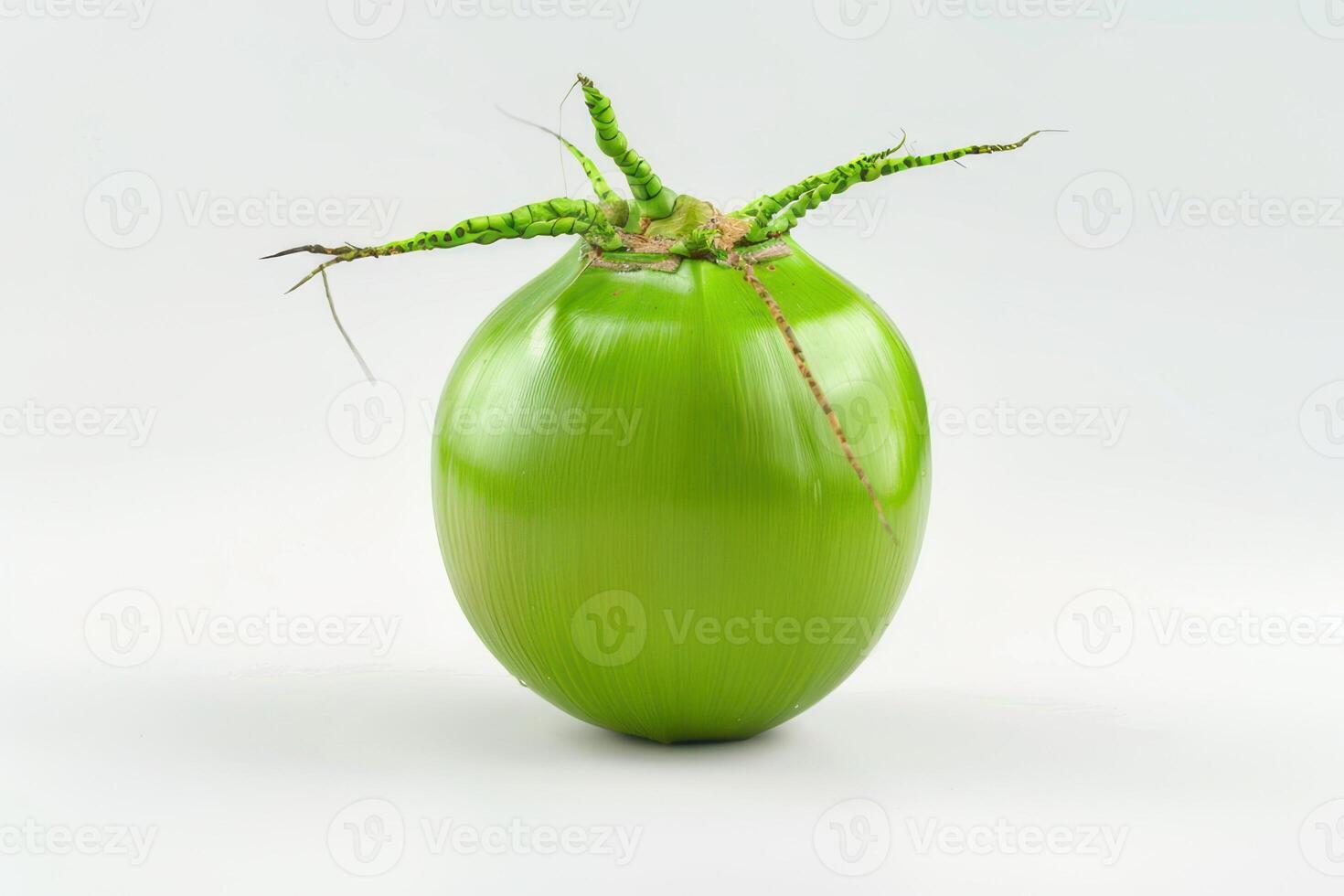 A green coconut with a plant growing out of it photo