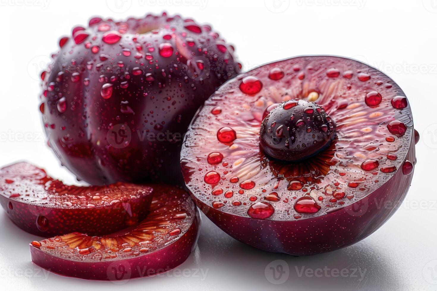 A close up of two plums with water droplets photo