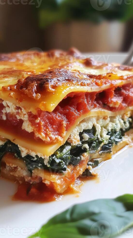 Spinach lasagna with mozzarella and ricotta cheese photo
