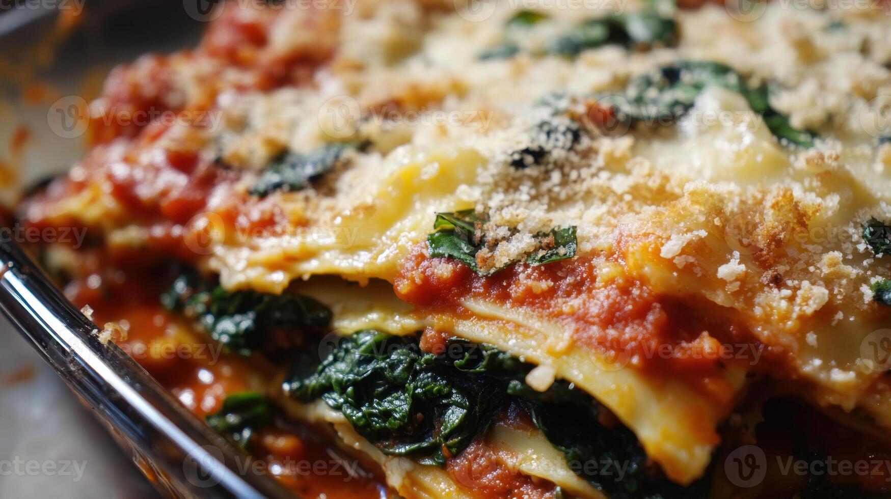 Close up of lasagna with spinach and parmesan cheese. photo