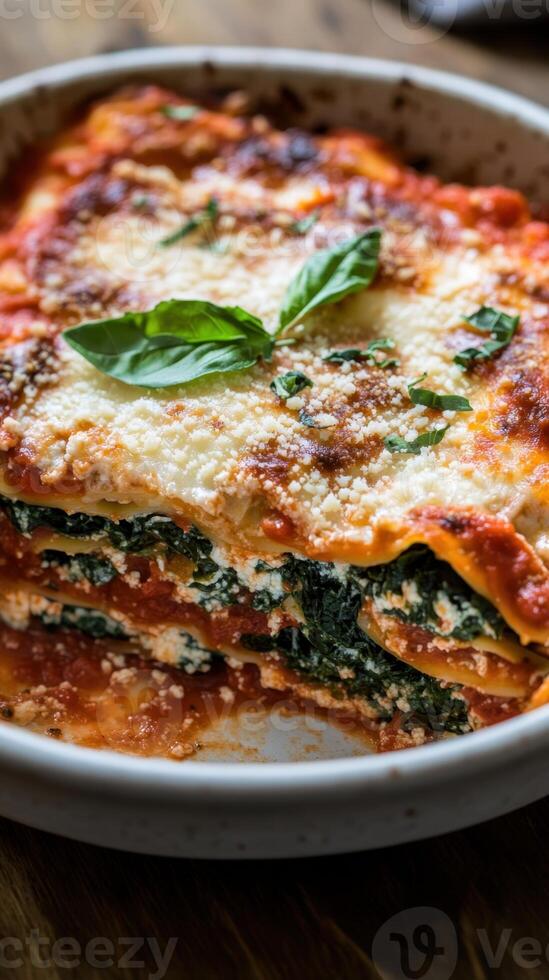 Spinach lasagna with ricotta and mozzarella cheese photo