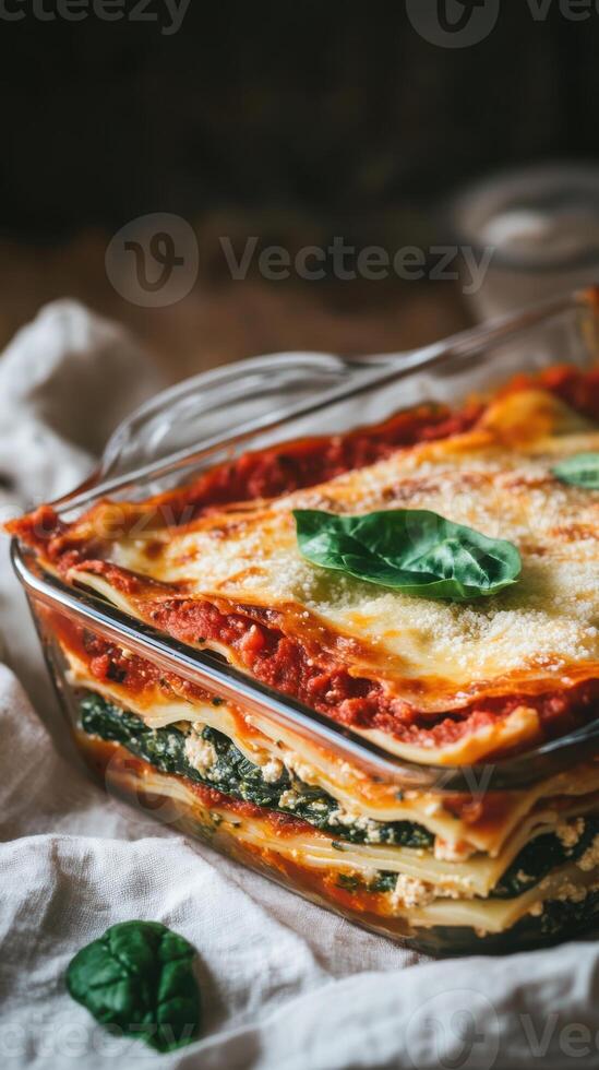 Traditional Italian lasagna with spinach and ricotta photo