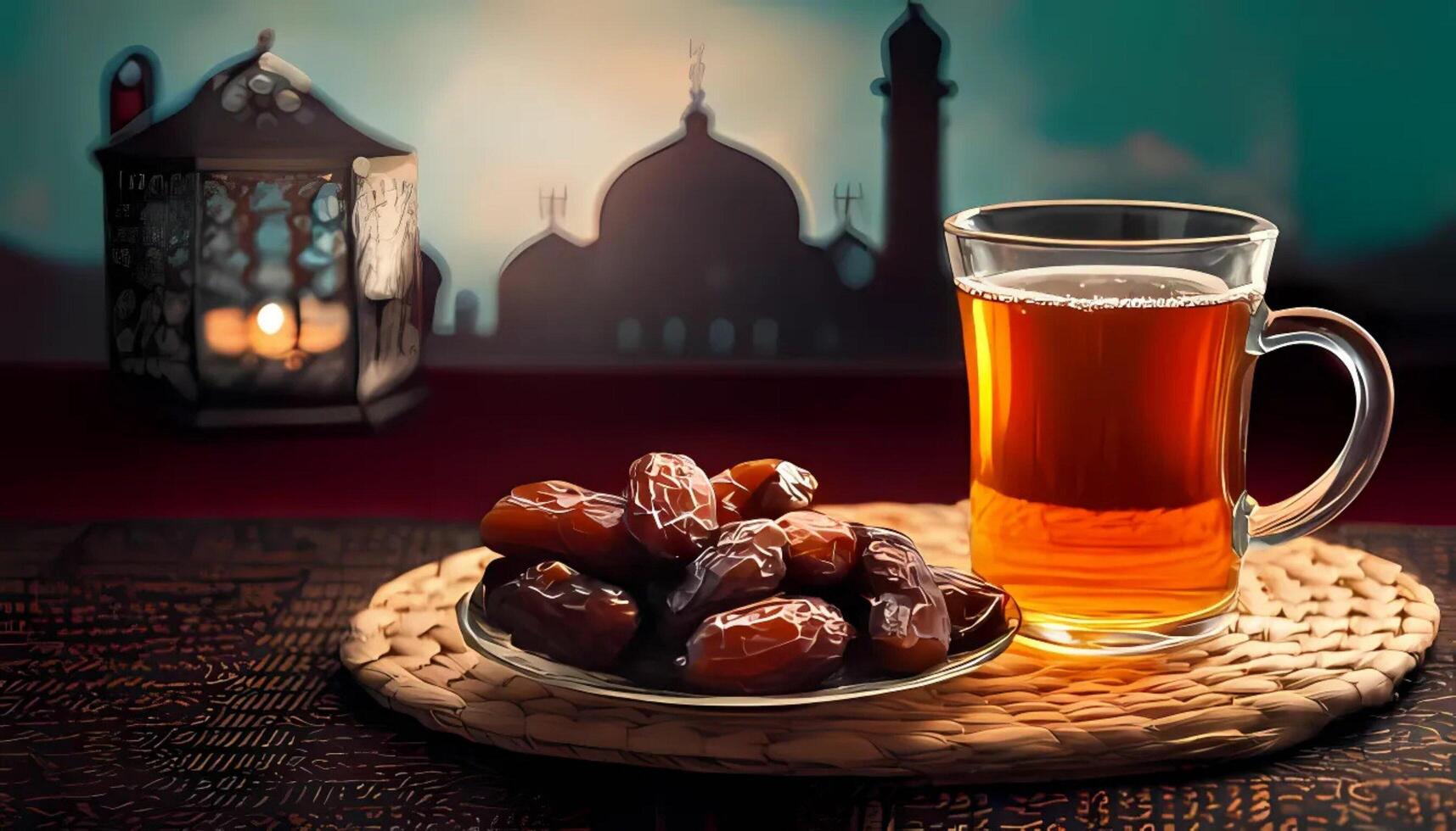 Cup of tea with dates and lanterns in the background. Ramadan Kareem concept photo