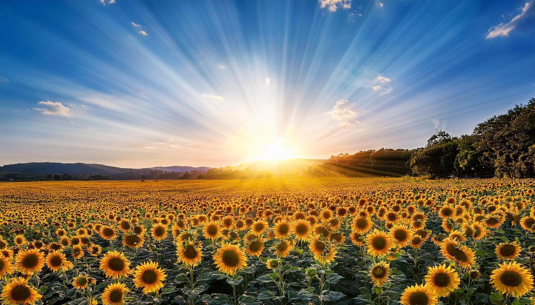 sun flower field with a bright blue sky and the sun shining , summer photo