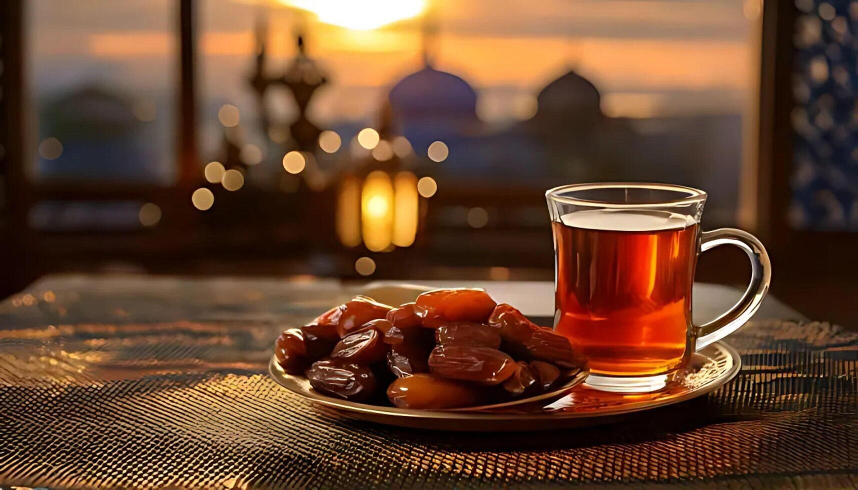 dates, a galss of hot tea for break fasting, ramadhan kareem photo