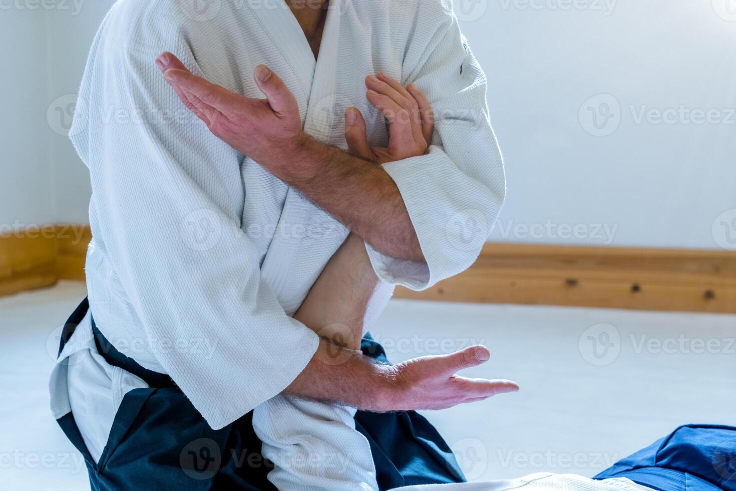 Man practicing aikido in a dojo background. photo