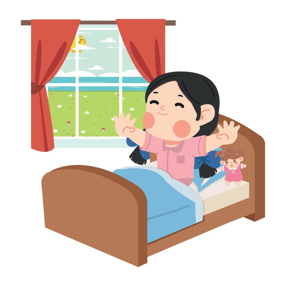 Kid girl waking up in the morning on the bed vector