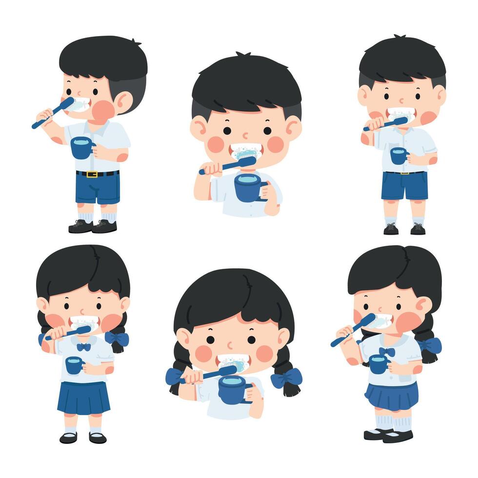 Set of cartoons showing a boy and girl brushing their teeth vector