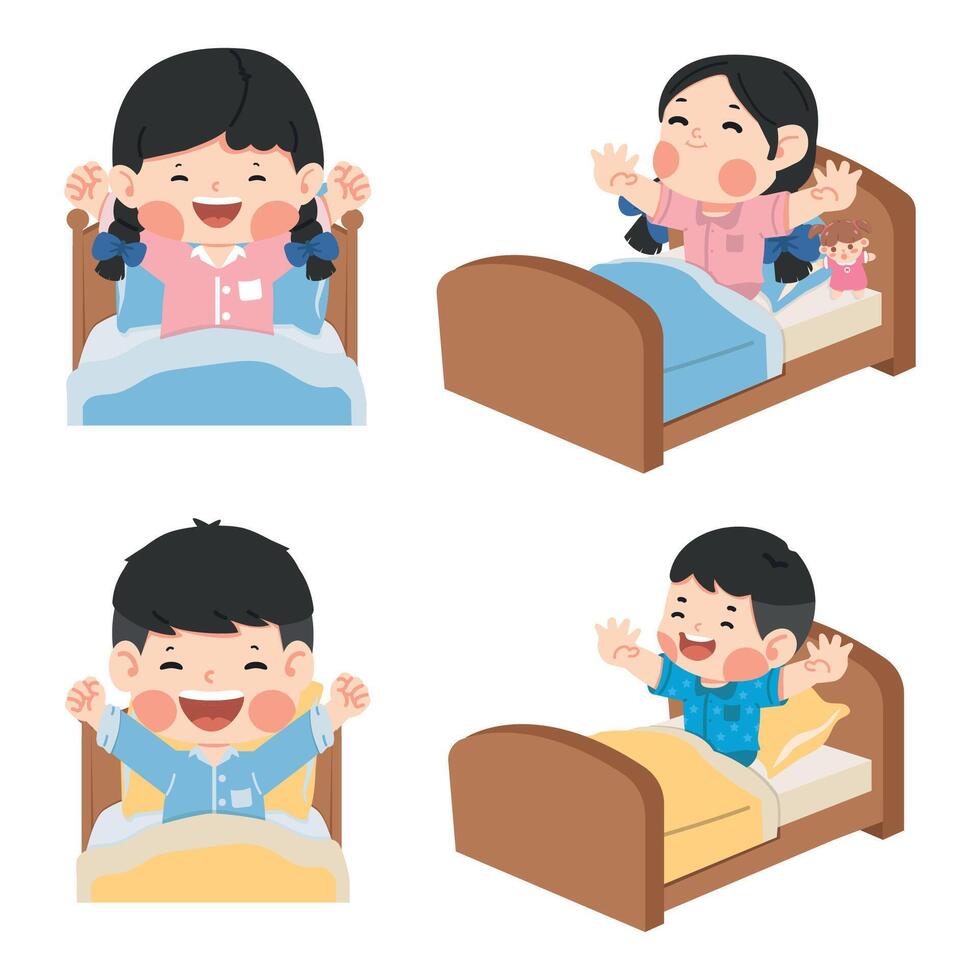 Kids waking up in the morning on the bed set vector