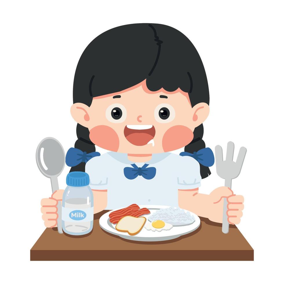 Giel student is sitting at the table eating a meal vector