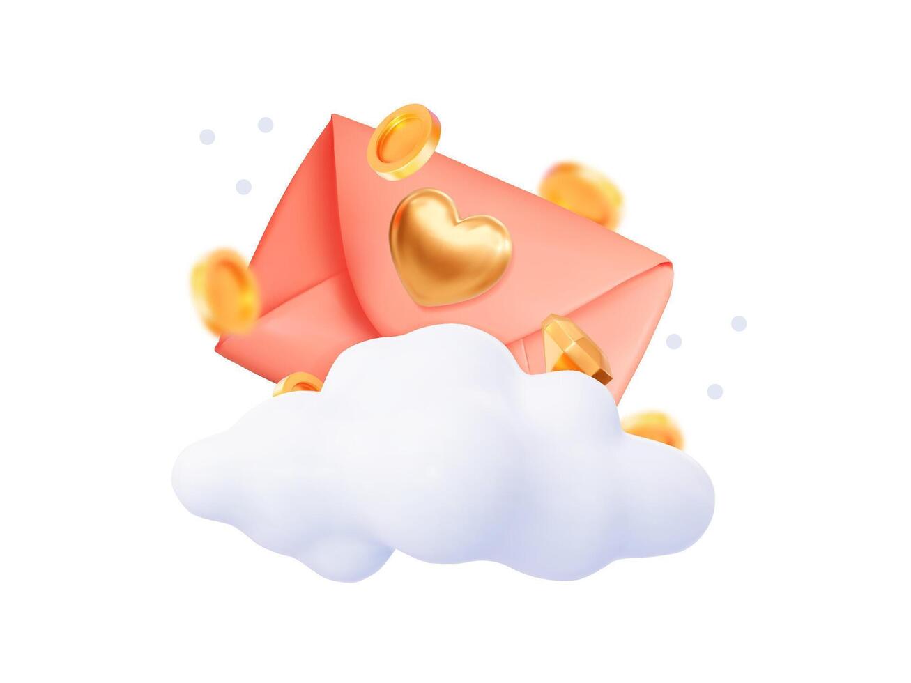 3D concept of a romantic mailing. A red envelope with a golden heart, flying coins, and a cloud. vector