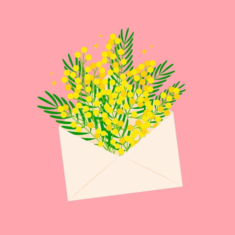 Mimosa branch in the postal envelope. Spring flowers in flat style. illustration vector