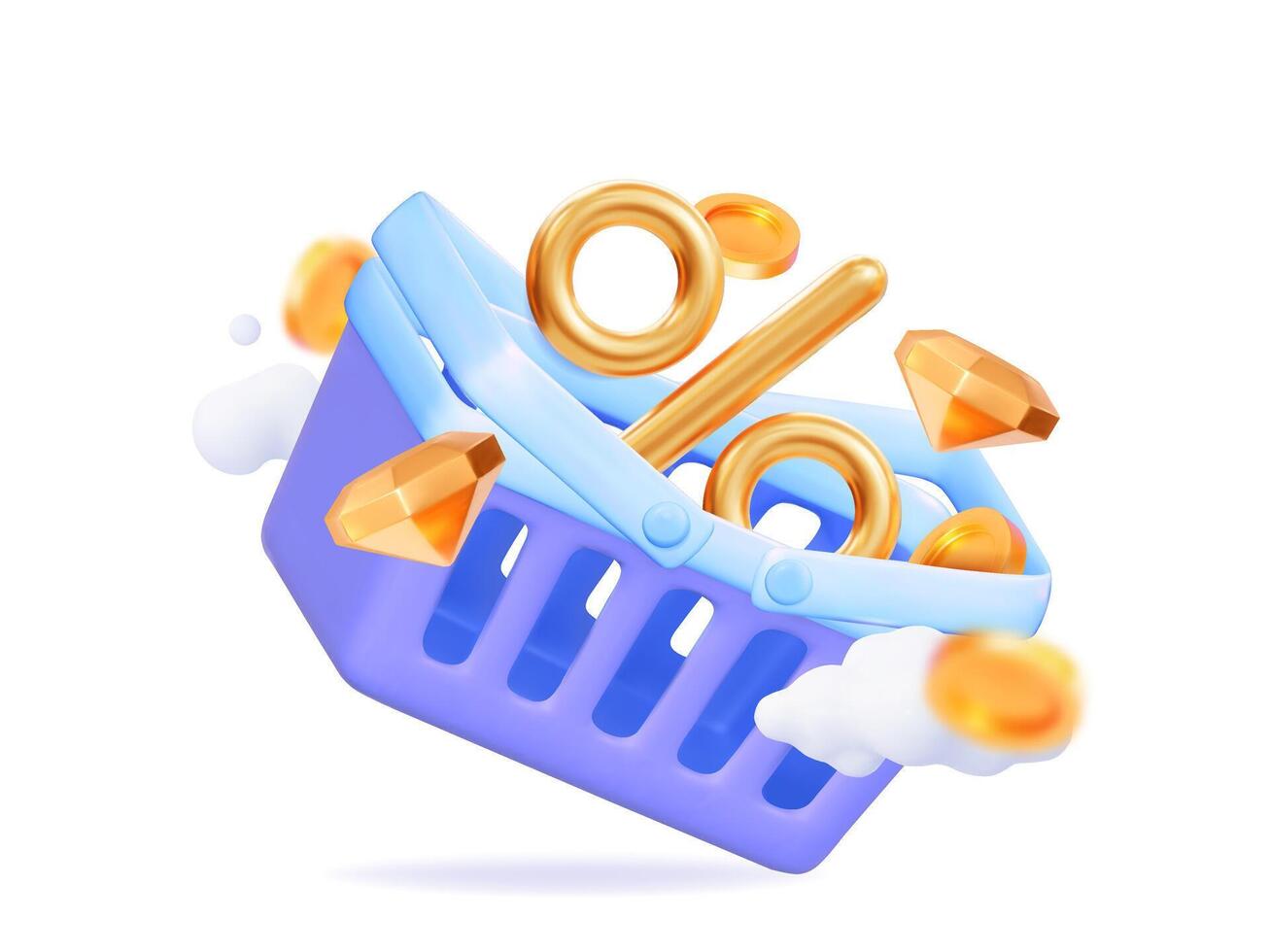 3D basket with a golden percentage and flying coins. For shopping, discounts, and online purchases. illustration vector