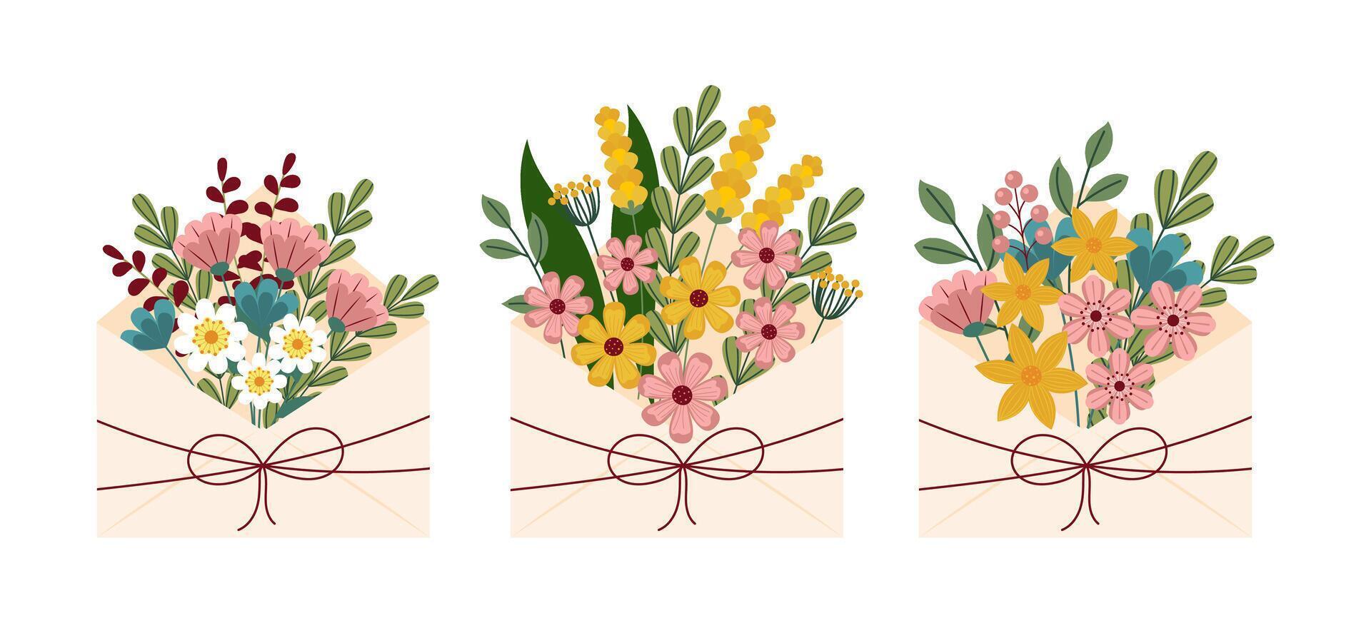 Set of envelopes with spring wild flowers. Design element for cards, patterns, posters, stickers. Flat style. illustration vector