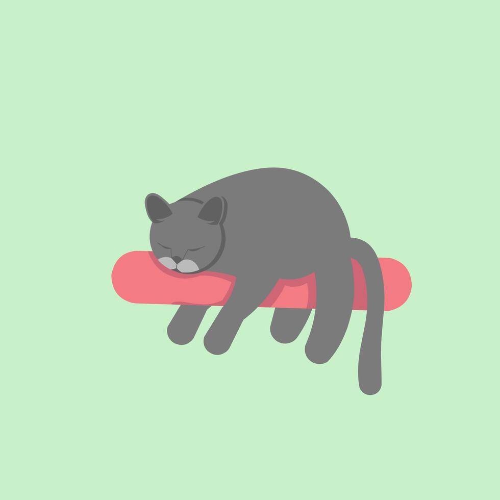 flat design gray cat, sleeping on a tree, cute cartoon animal, vector