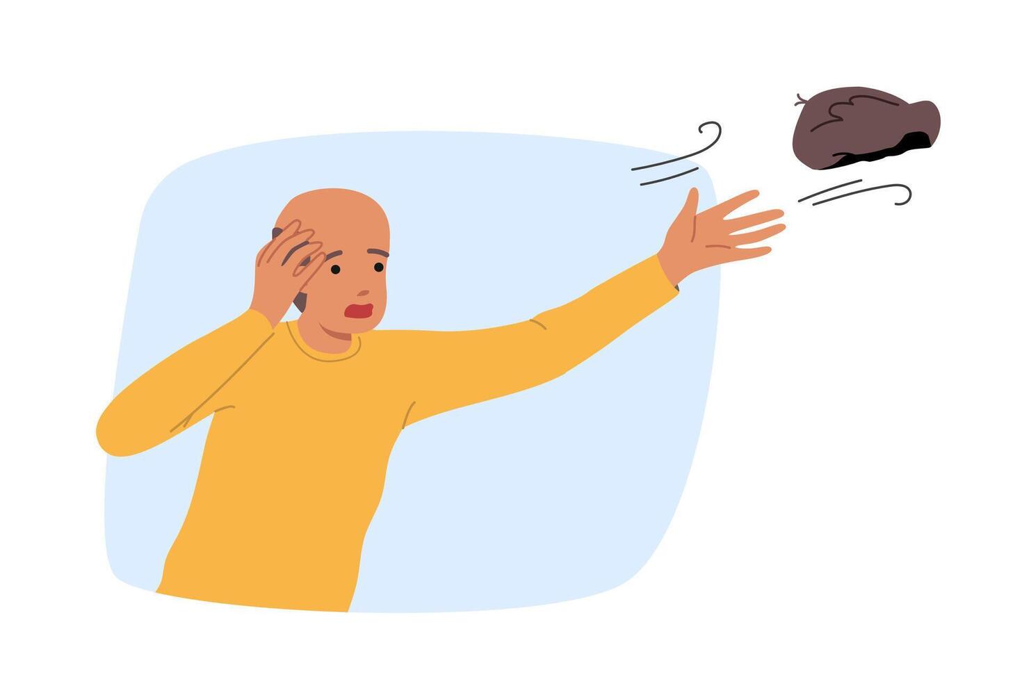 Wind blows away wig of confused man suffering from baldness due to age-related hormonal changes vector