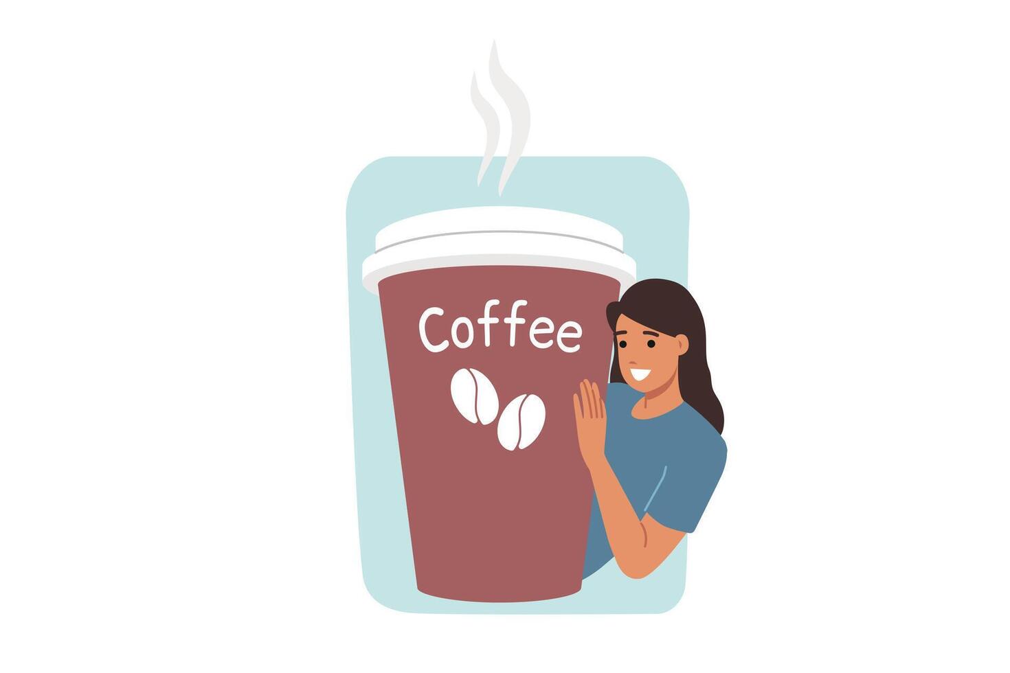 Large paper glass coffee near smiling woman who drinks invigorating aromatic drink after waking up vector