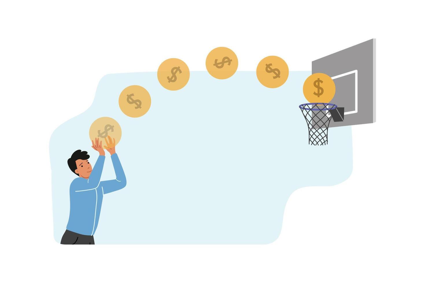 Business man achieving financial goal, throwing coins into basketball hoop, showing professionalism vector