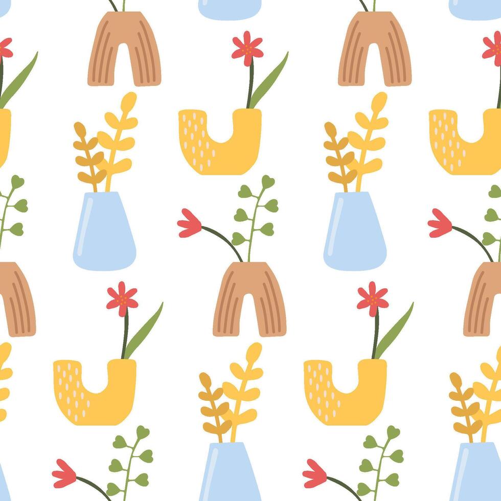 Seamless Boho Floral Pattern with Abstract Vases and Flowers Modern Botanical Design for Fabric, Wallpapers, and Home Decor vector