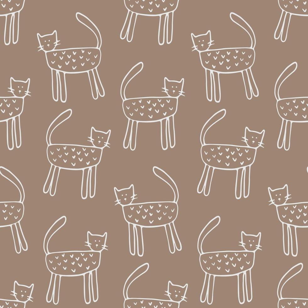 Charming Hand-Drawn White Cats Seamless Pattern on Brown Background - Minimalist and Playful Design for Prints and Decor vector