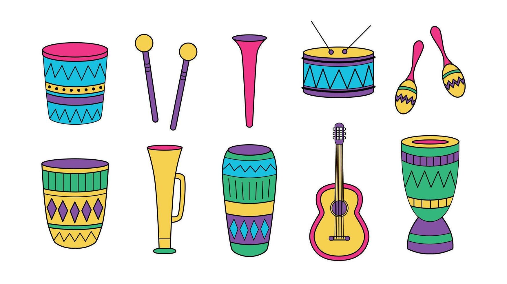 Musical instruments set. Brazil carnival. Maracas, drums, guitar, djembe, percussion, drumsticks. Ethnic instruments. Festive parade. Illustration vector