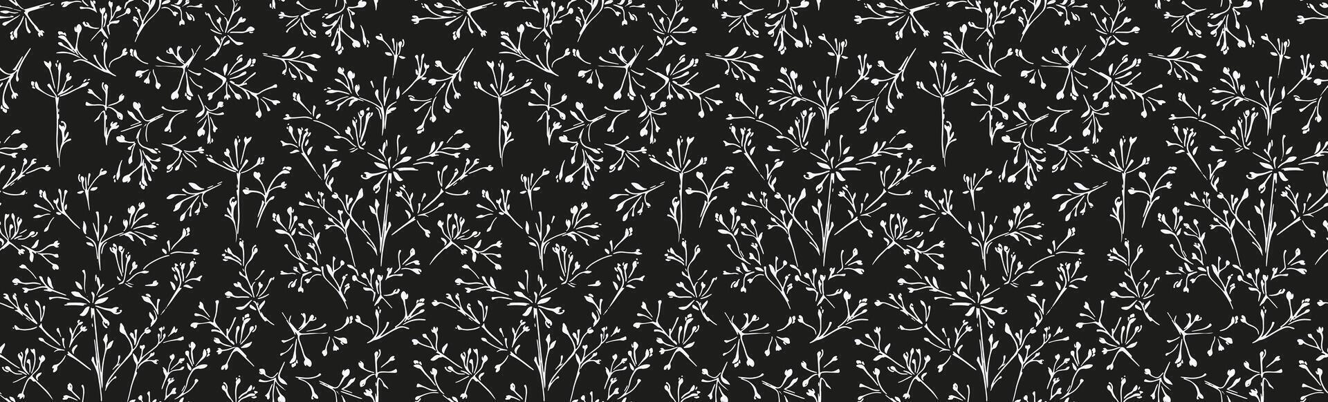 Seamless pattern featuring delicate white floral branches on a black background. Elegant and minimalistic botanical design perfect for wallpapers, fabric prints, stationery, and home decor. vector