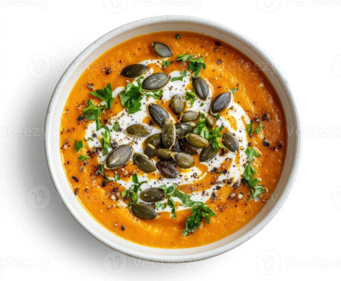 Delicious pumpkin soup served with cream, seeds, and herbs in a white bowl on a plain background photo