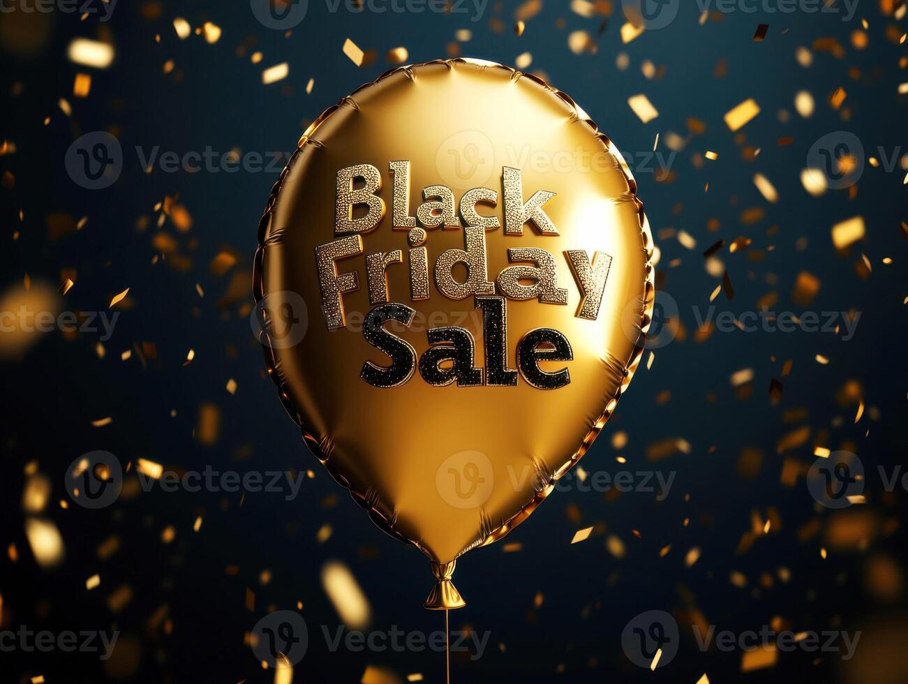 Golden balloon announces Black Friday sale amidst a flurry of confetti celebrating holiday shopping photo