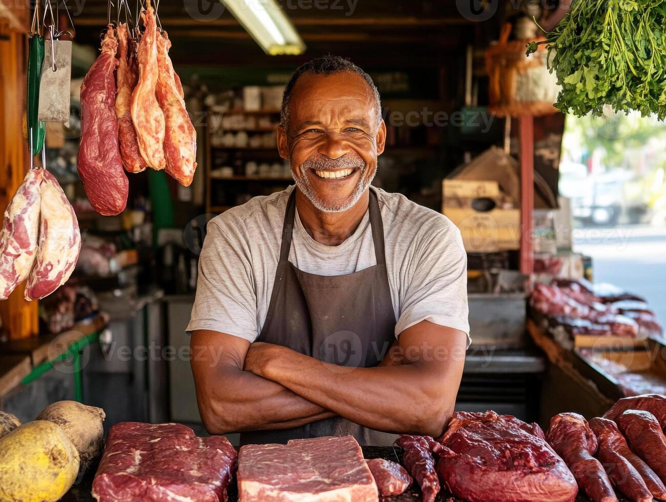 Local butcher displaying fresh meats and smiling warmly at customers in a market stall during the daytime photo
