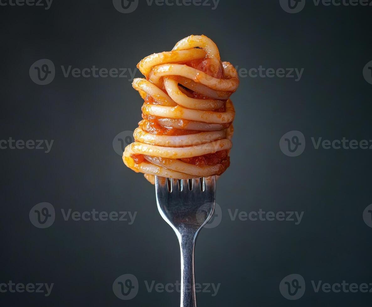 Twisted spaghetti on a fork with rich tomato sauce against a dark background photo