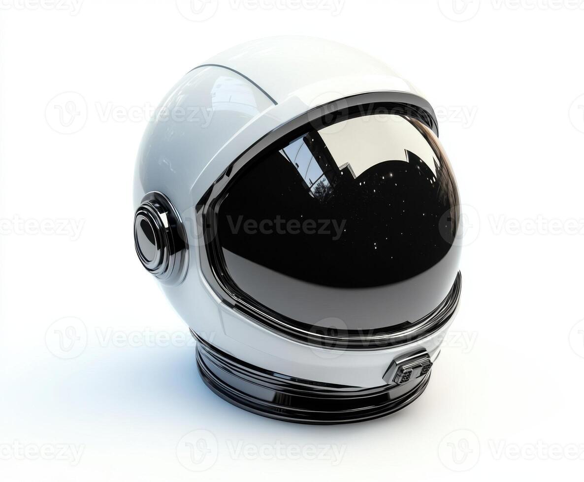 Unique white astronaut helmet displayed on a minimalist surface with reflections of stars and light photo