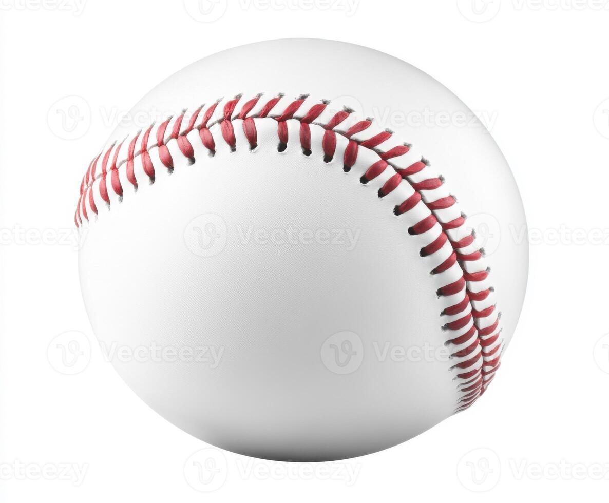 White baseball with red stitching placed on a plain background showcasing its details and texture for sports enthusiasts photo
